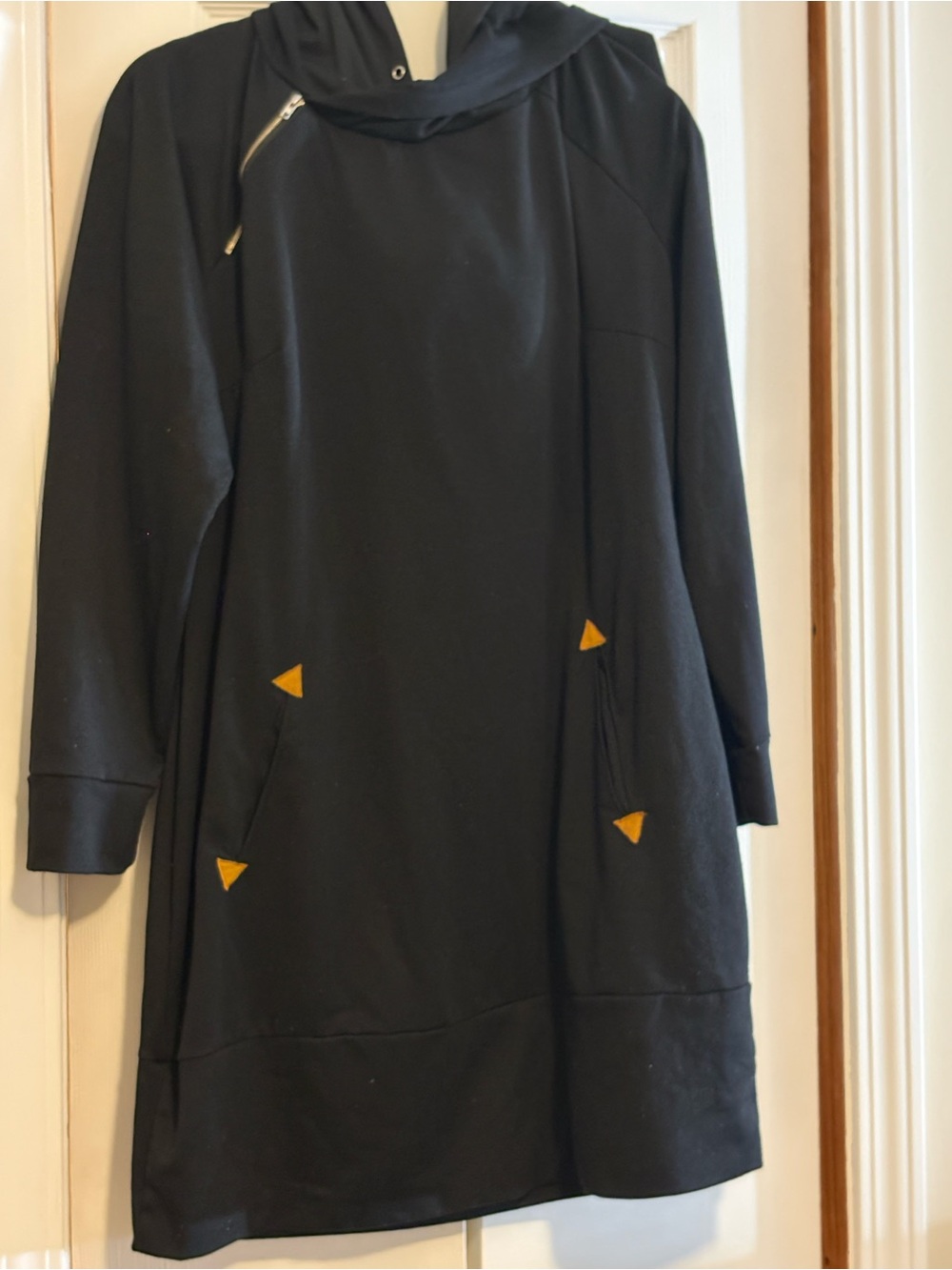 Black Long Sleeve Hooded Dress with Yellow Accent Tabs